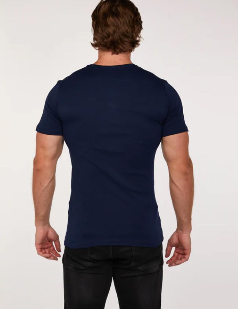 palglg Mens Short Sleeve Cotton Muscle Slim Fitted Sport Henley T-Shirt with Button Navy Blue L - Image 2
